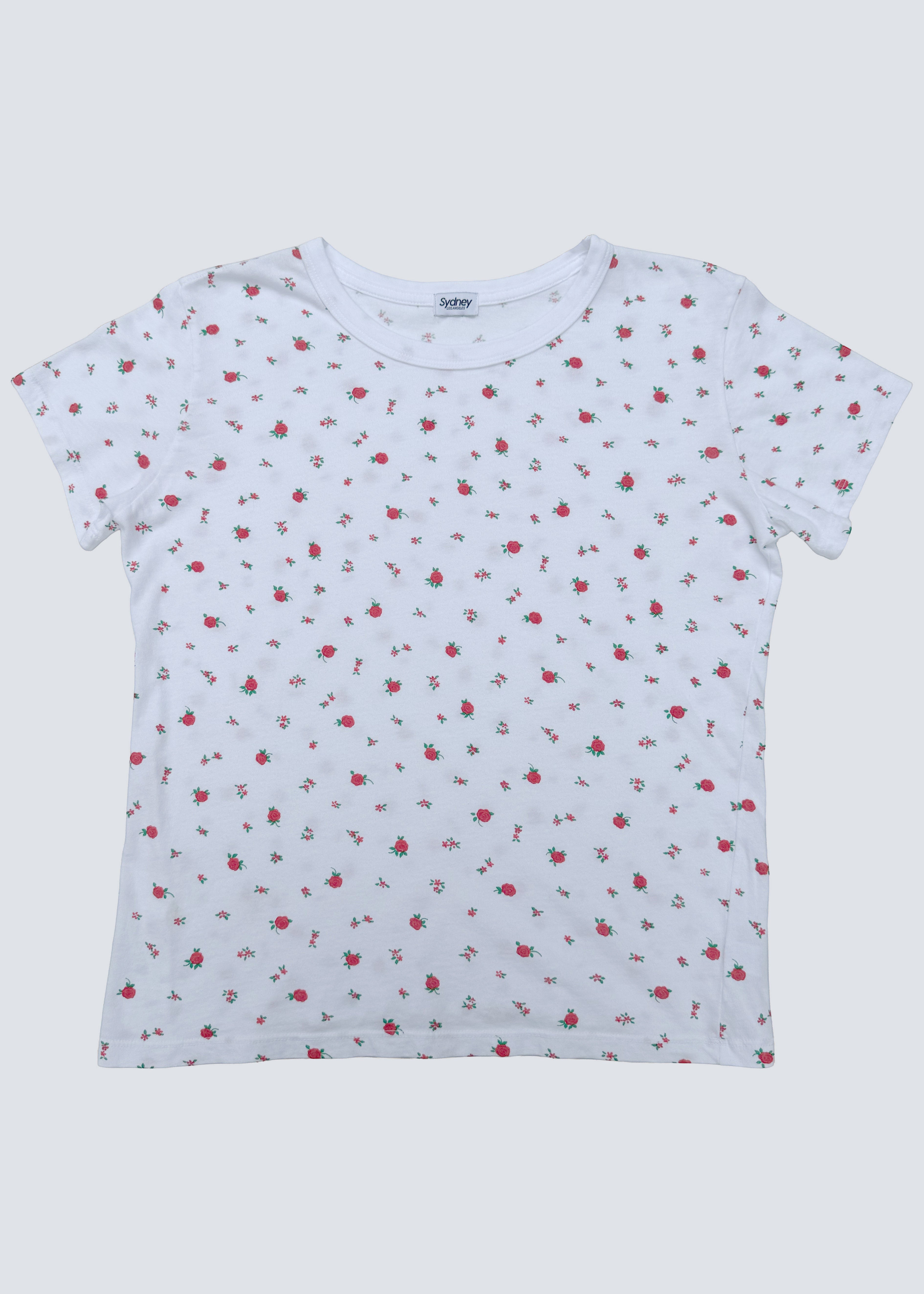 Sydney Los Angeles white cotton blend t-shirt with ditsy red and pink floral print, crew neck, and relaxed fit.