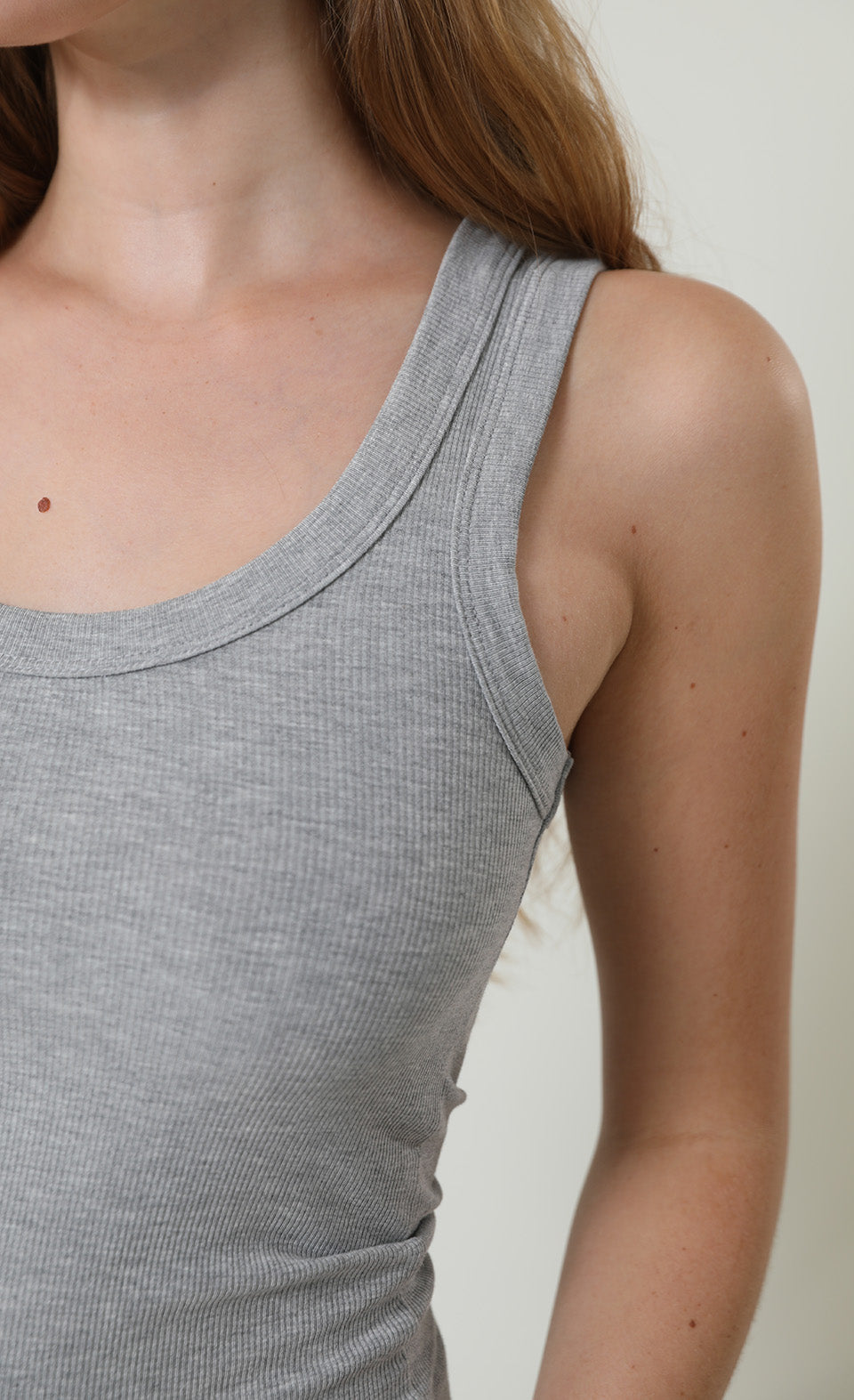 Model wearing the Palm Springs Eve Tank in Heather Grey