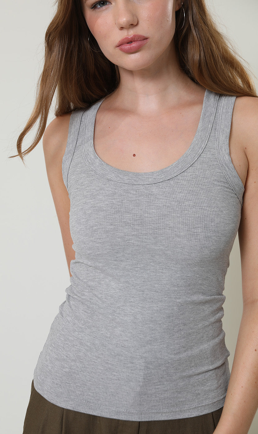 Model wearing the Palm Springs Eve Tank in Heather Grey