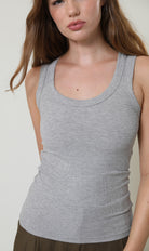 Model wearing the Palm Springs Eve Tank in Heather Grey