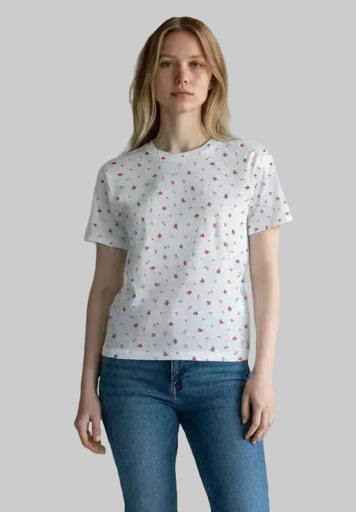Sydney Los Angeles white cotton blend t-shirt with all-over ditsy red and pink floral print, crew neck, and relaxed fit.
