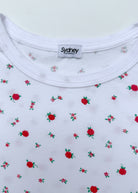 Sydney Los Angeles white 100% cotton t-shirt with a ditsy floral print of red roses and green leaves.